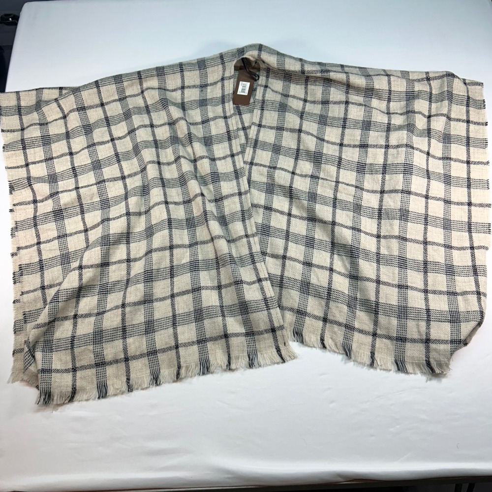 Modena New York Plaid Wrap Shawl Beige Black Grid Fringed Poncho One Size NWT
